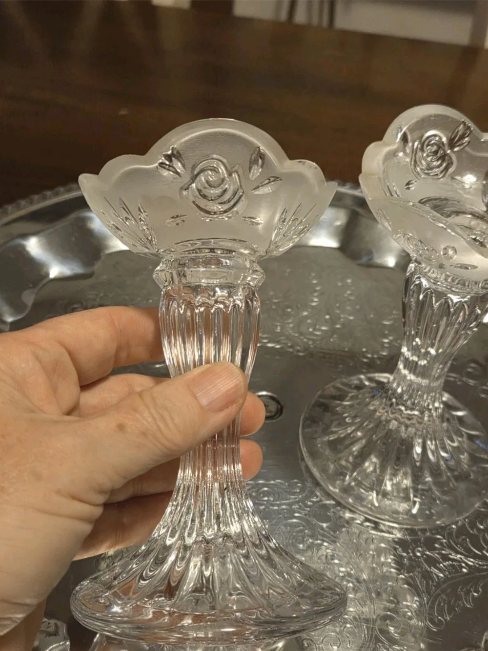 Oneida Southern Garden Set of 2 Candlesticks Crystal Candle Holders Vintage